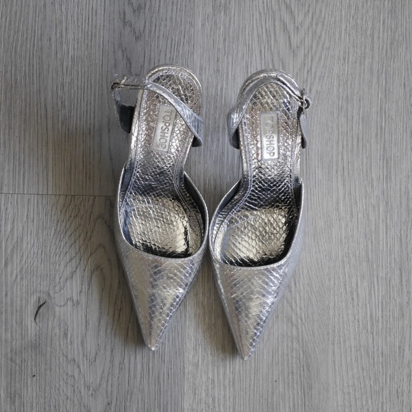 TOPSHOP silver point toe sling back stilettos | size 6.5 - Picture 3 of 6